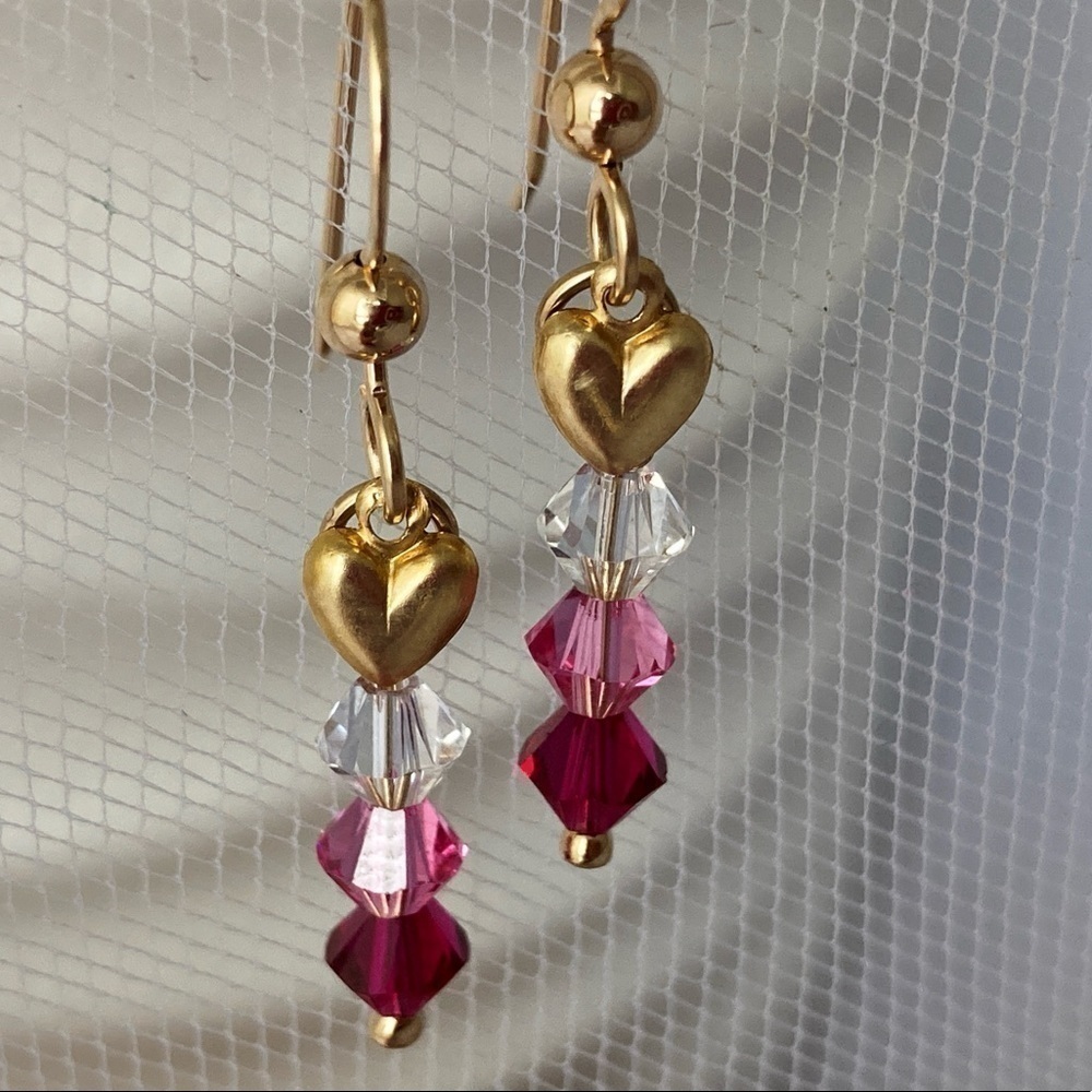 Gold Earrings Swarovski Crystals with Puff Heart Charms - Picture 2 of 8